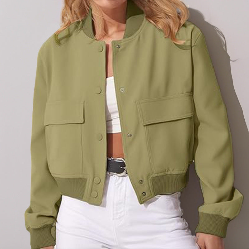 Veste à col montant à boutons de mode avec de grandes poches Casual Loose Short Outwear Tops Coat Pour Vêtements Féminins