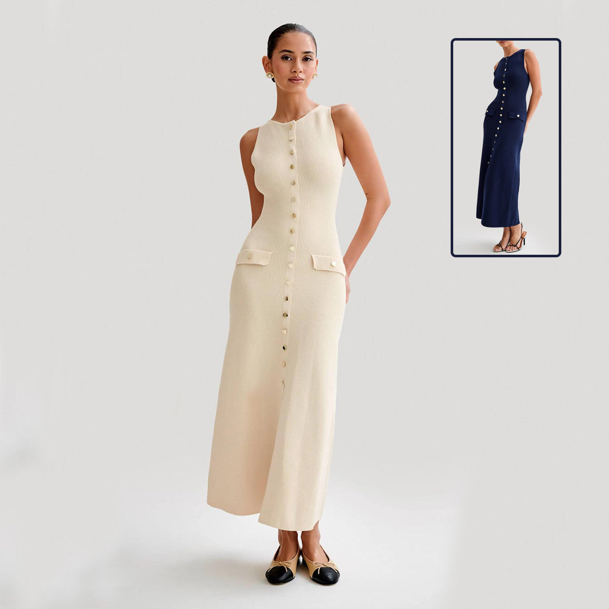 Robe élégante tricotée sans manches avec un seul sein mode slim col rond robes longues vêtements pour femmes - Ivory Deals Market