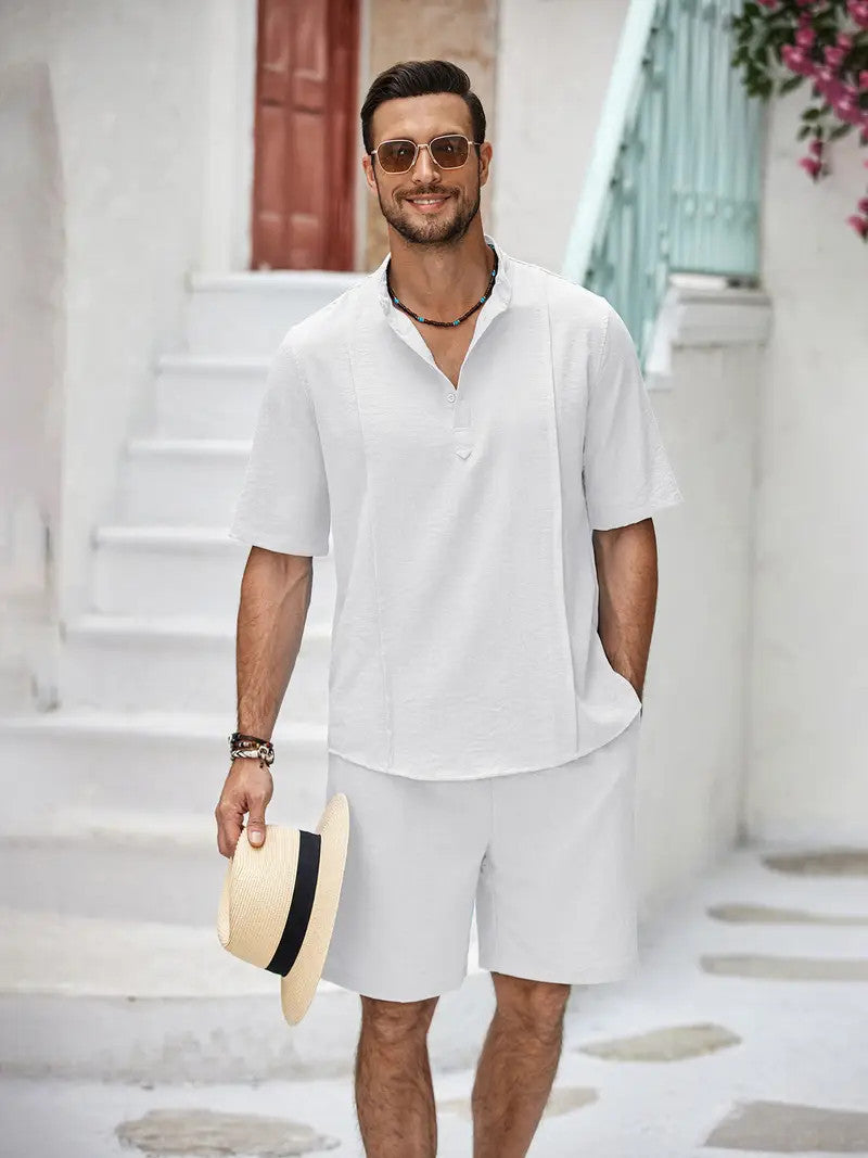 Ensemble en lin pour hommes de 2 pièces, chemise Henley à manches courtes et shorts, tenues assorties pour l'été à la plage et le yoga.