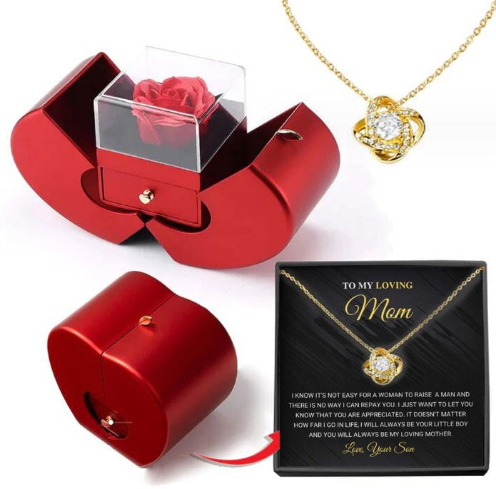 Boîte à bijoux de mode, pomme rouge, cadeau de Noël, collier, rose éternelle pour fille, Fête des Mères, cadeaux de la Saint-Valentin avec une fleur artificielle dans la boîte à bijoux.