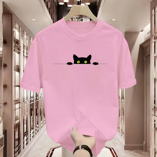 T-shirt à col rond imprimée chatte mignonne à manches courtes