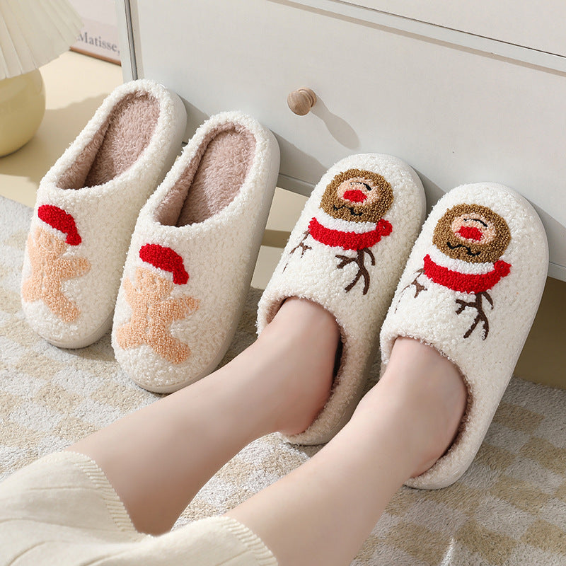 Chaussons de Noël mignons avec dessin animé du Père Noël en coton pour femmes et hommes, idéaux pour l'hiver et les couples.