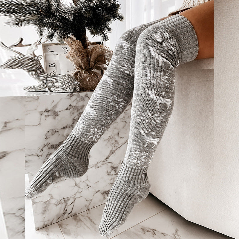 Chaussettes longues décontractées en tricot chaud pour femmes, avec motif de renne et de flocon de neige, pour Noël et l'hiver. Taille unique. Cadeau pour dames.