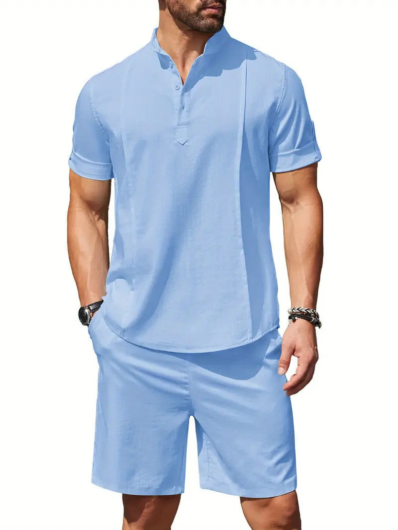 Ensemble en lin pour hommes de 2 pièces, chemise Henley à manches courtes et shorts, tenues assorties pour l'été à la plage et le yoga.