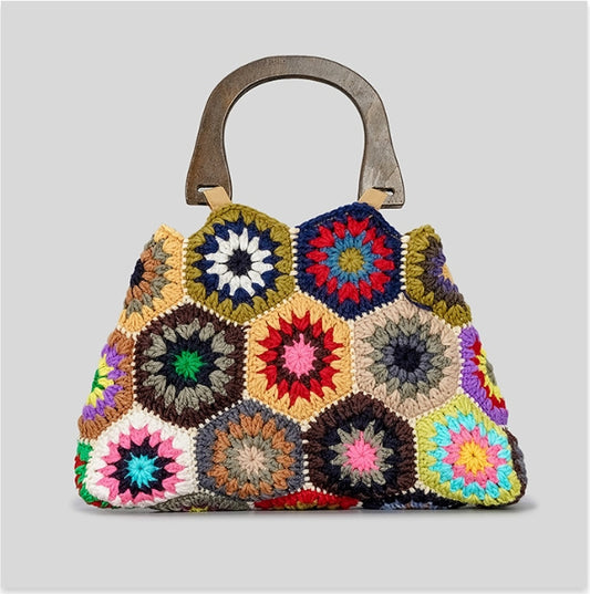 Sac à main en coton tressé à motifs à carreaux pour femmes, avec poignée en bambou, pour le printemps et l'été.