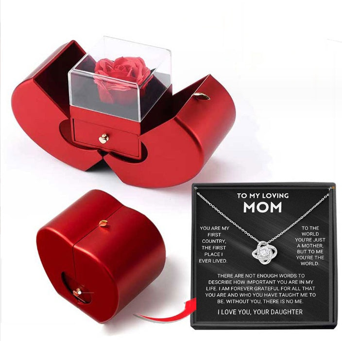 Boîte à bijoux de mode, pomme rouge, cadeau de Noël, collier, rose éternelle pour fille, Fête des Mères, cadeaux de la Saint-Valentin avec une fleur artificielle dans la boîte à bijoux.