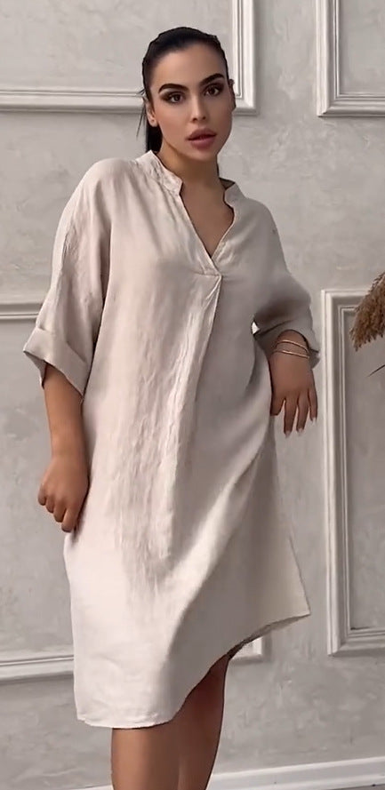 Robe ample en coton et lin pour femmes, avec encolure en V