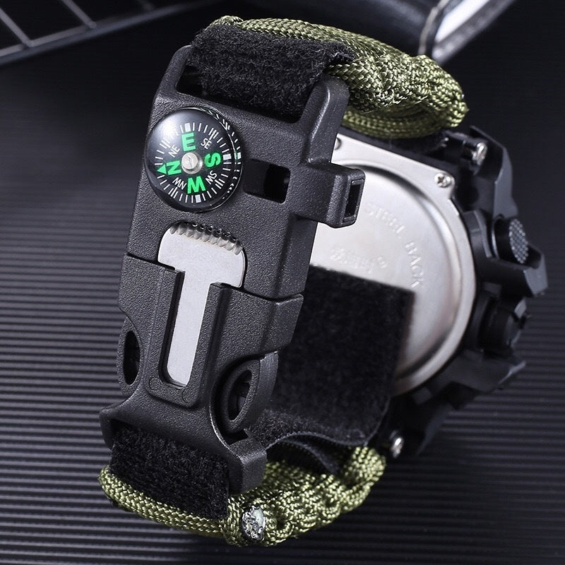 Montre tactique de survie spéciale pour hommes en plein air avec boussole, corde de parachute étanche et anneau en chaîne