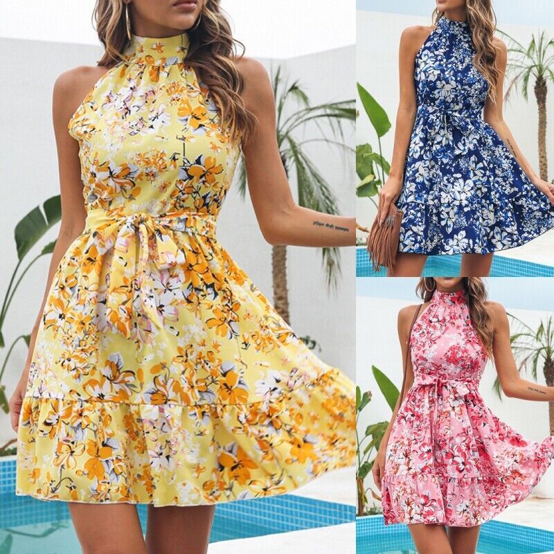 Robes à bretelles pour femmes, imprimé floral, sans manches, en mousseline de soie pour les vacances.