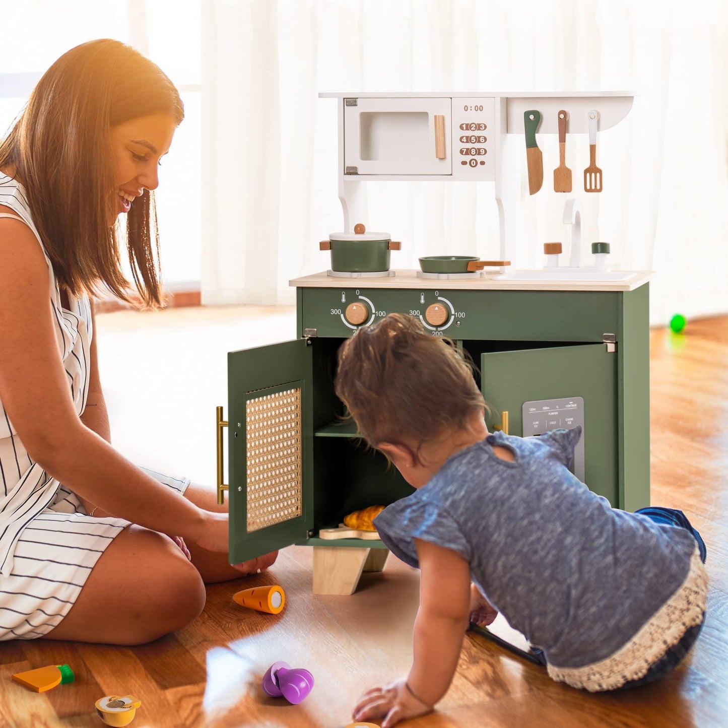 ROBUD Ensemble de jouets de cuisine en bois vert avec accessoires Chef Pretend Playset pour enfant - Ivory Deals Market