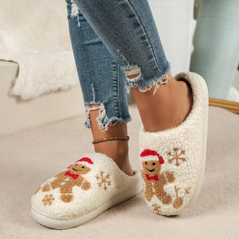 Chaussons d'intérieur en forme de flocon de neige de Noël en pain d'épices, antidérapants pour l'hiver, pour femmes. Chaussures douillettes pour la maison.