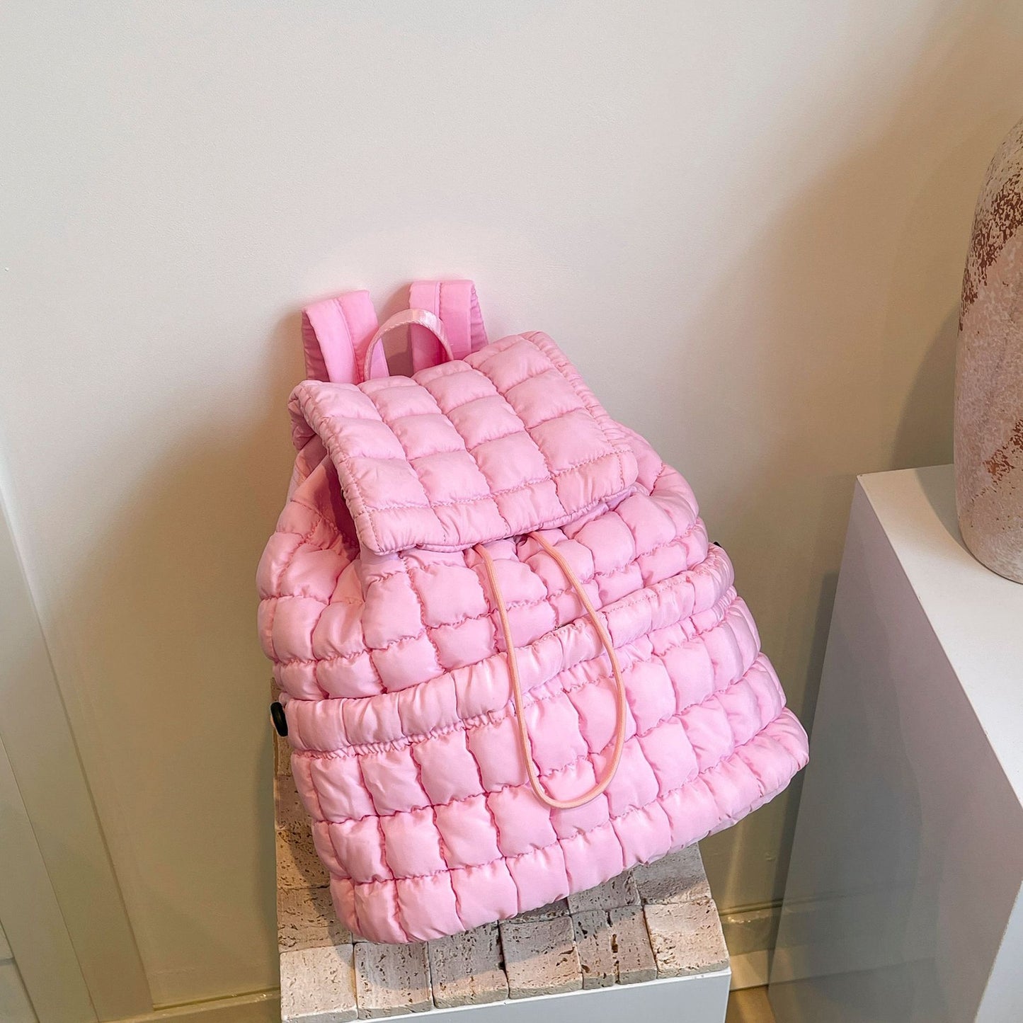 Sac à dos matelassé de couleur bonbon pour femmes, rembourré en duvet, grand sac d'école en coton, sac à dos de voyage pour femmes à carreaux, sac à bandoulière