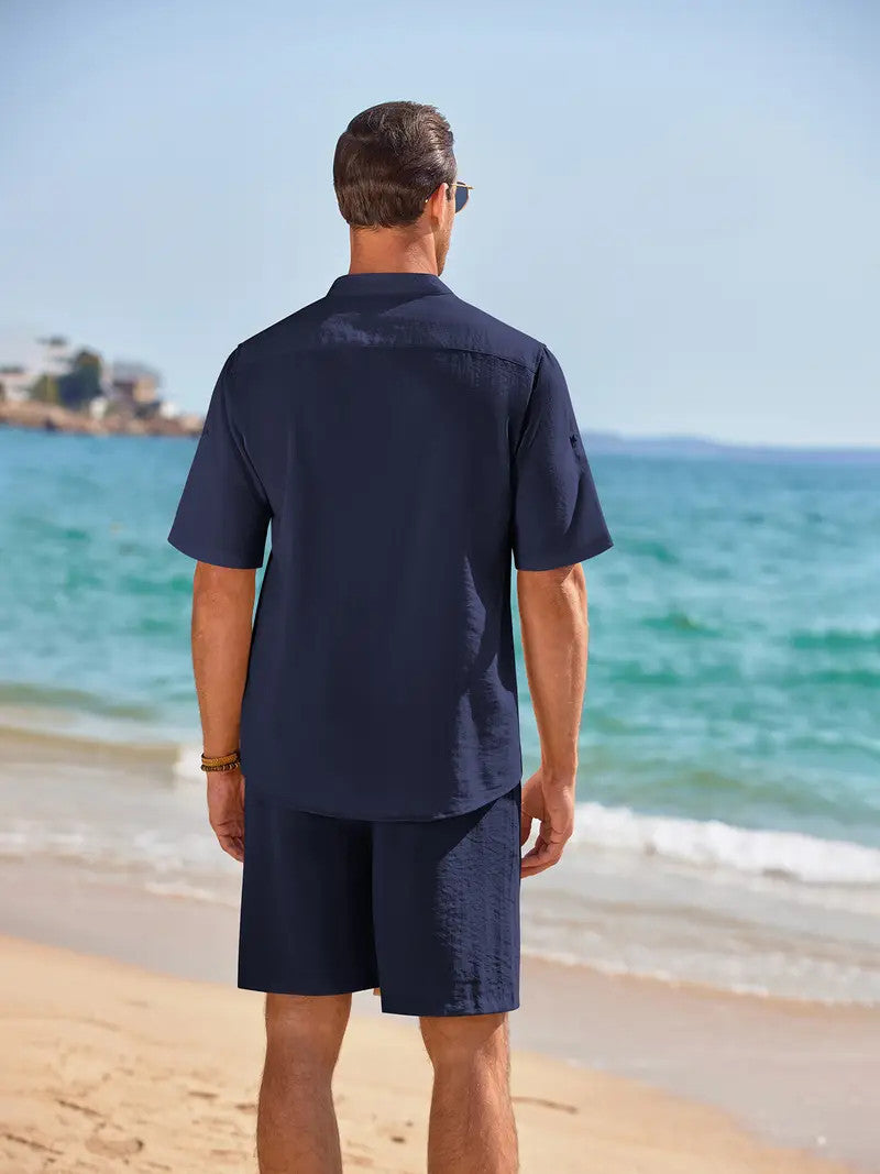 Ensemble en lin pour hommes de 2 pièces, chemise Henley à manches courtes et shorts, tenues assorties pour l'été à la plage et le yoga.