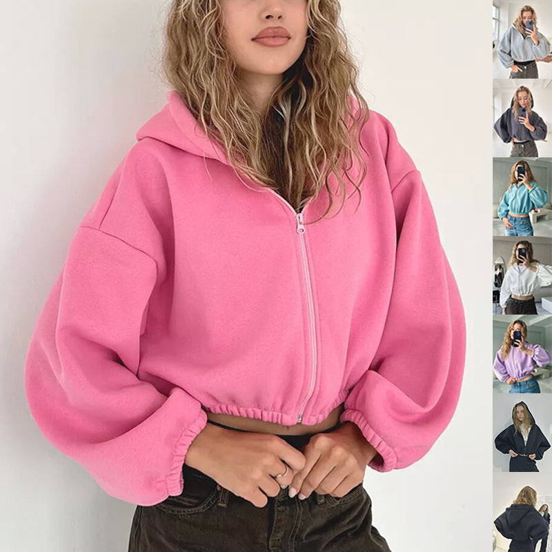 Veste courte à capuche de couleur unie décontractée Y2K Sweat-shirt de sport à manches longues avec fermeture éclair vêtements pour femmes - Ivory Deals Market