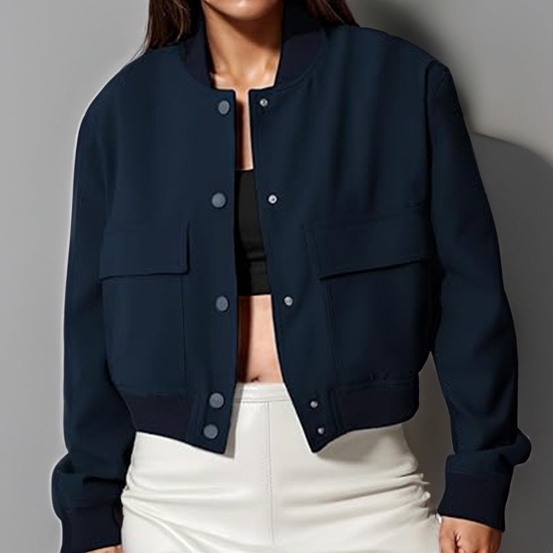 Veste à col montant à boutons de mode avec de grandes poches Casual Loose Short Outwear Tops Coat Pour Vêtements Féminins