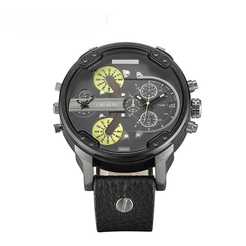 Montre pour hommes à quartz avec double fuseau horaire, grand cadran, boîtier noir et bracelet en cuir.