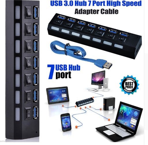 7 ports USB 30 hub externe à haute vitesse avec adaptateur secteur - Ivory Deals Market