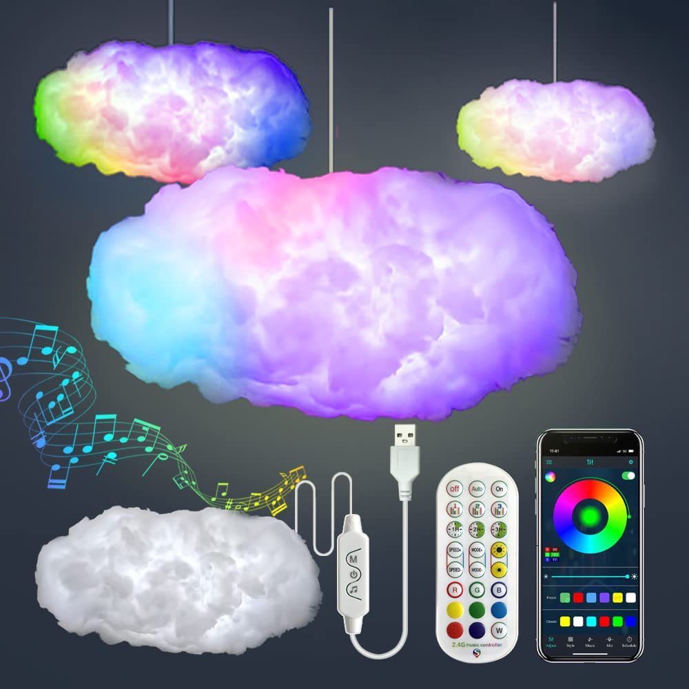 USB Cloud Light APP Contrôle Synchronisation de la musique 3D RGBIC Lumière ambiante Simulation de foudre Nuages Chambre à coucher Lumière de la pièce