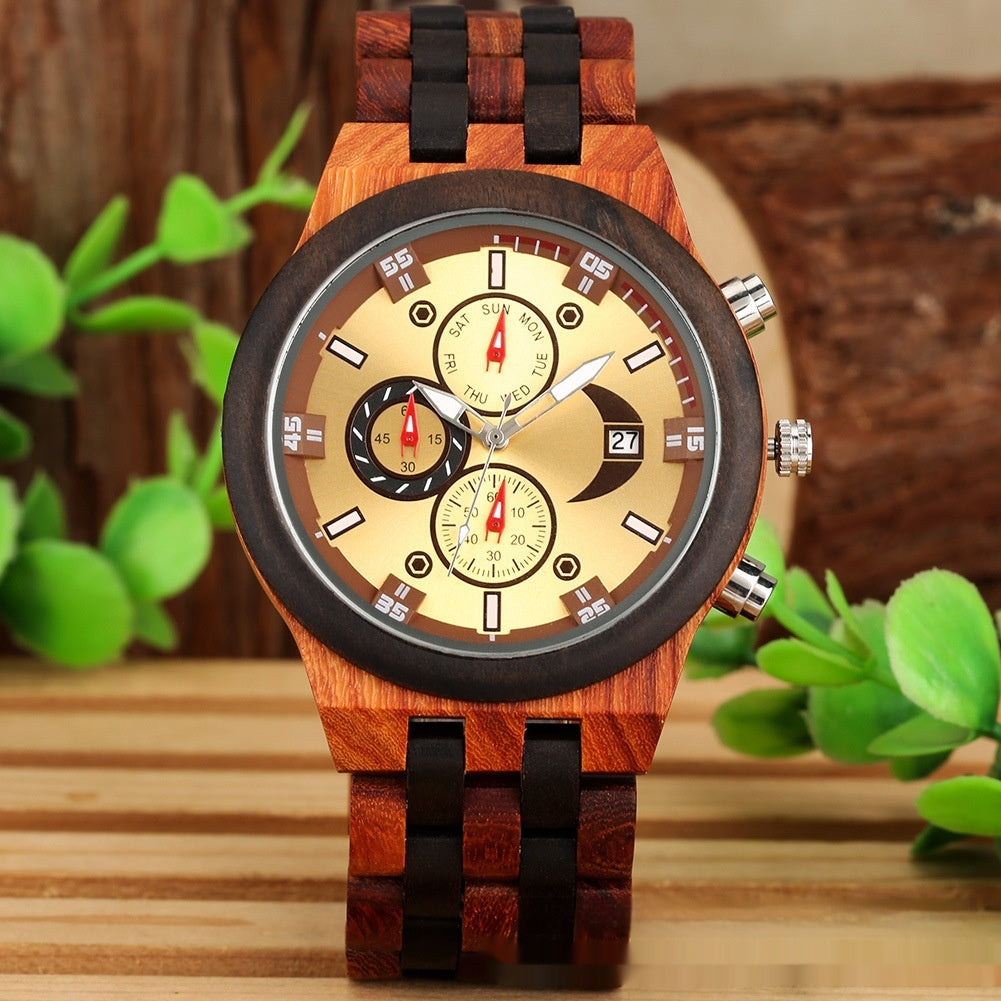 Montre à quartz avec bracelet en bois complet et fonctionnalités multiples.