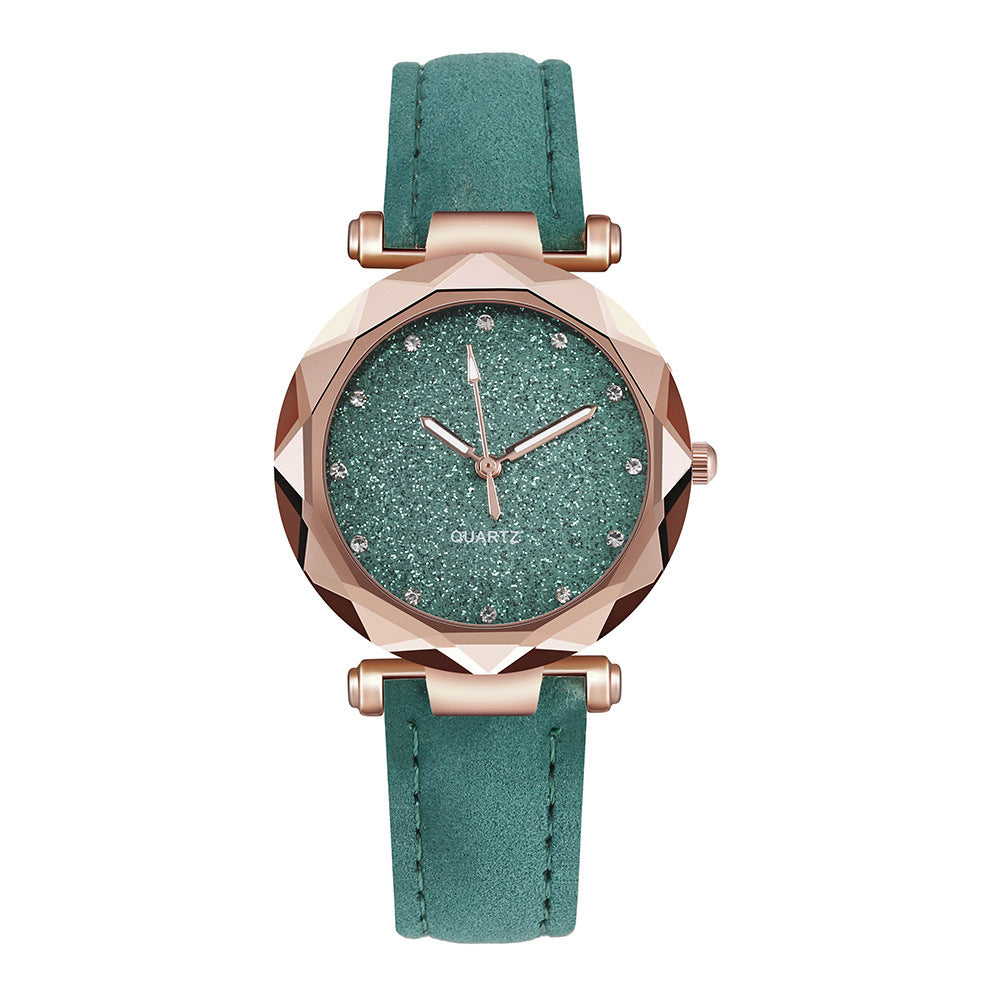 Montre-bracelet romantique pour femmes avec un ciel étoilé en cuir et des strass.