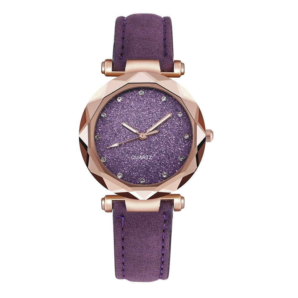 Montre-bracelet romantique pour femmes avec un ciel étoilé en cuir et des strass.