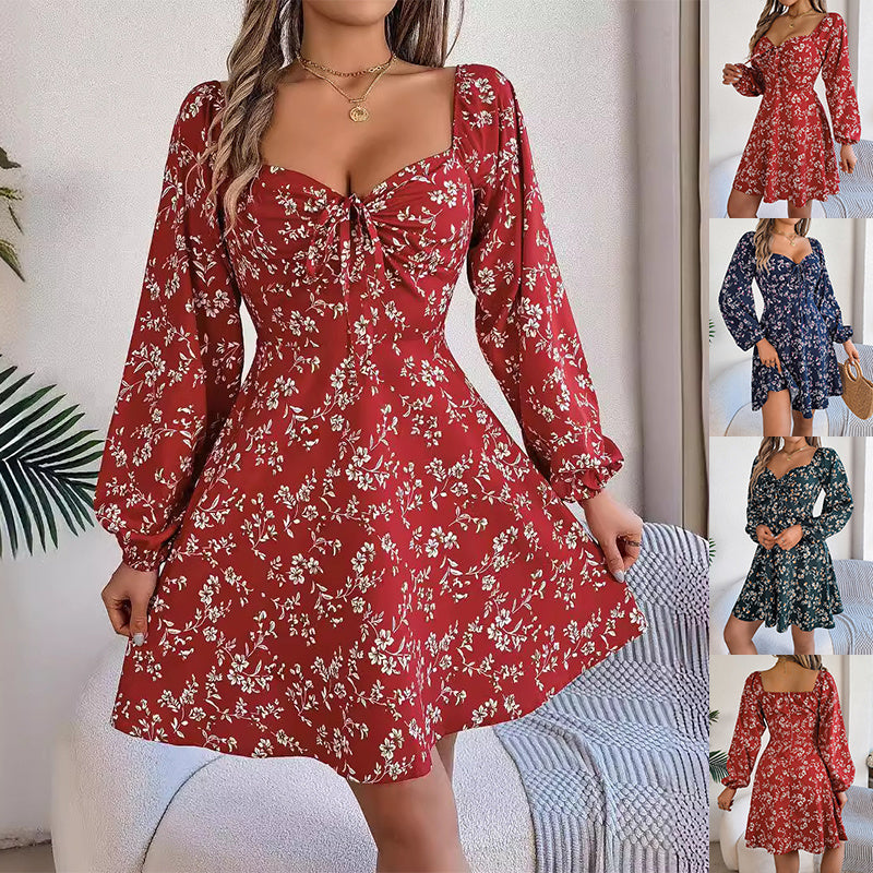 Robe à imprimé floral à manches lanternes, décontractée et sexy, à encolure carrée et manches longues pour femmes - Ivory Deals Market