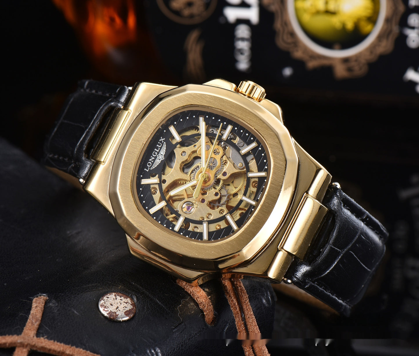 Montre mécanique étanche pour homme avec bracelet en cuir en forme de baril