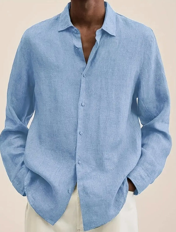 Nouvelle chemise unie à manches longues, chemise décontractée à col montant pour hommes.