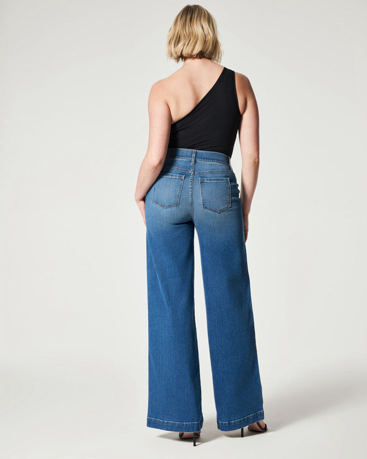 Pantalon en jeans taille haute décontracté, pantalon droit à jambes larges pour femmes - Ivory Deals Market