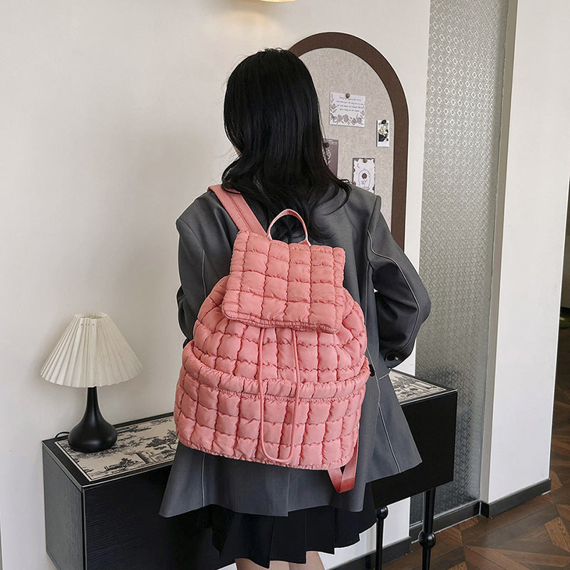 Sac à dos matelassé de couleur bonbon pour femmes, rembourré en duvet, grand sac d'école en coton, sac à dos de voyage pour femmes à carreaux, sac à bandoulière