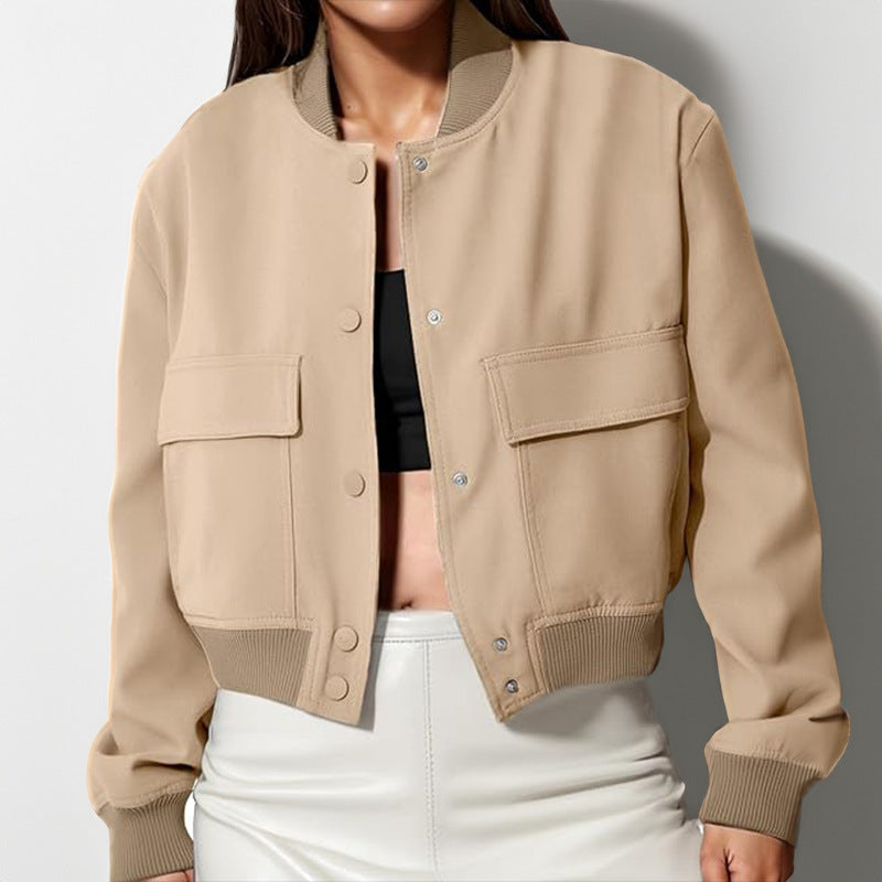 Veste à col montant à boutons de mode avec de grandes poches Casual Loose Short Outwear Tops Coat Pour Vêtements Féminins