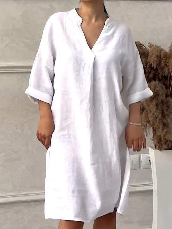 Robe ample en coton et lin pour femmes, avec encolure en V