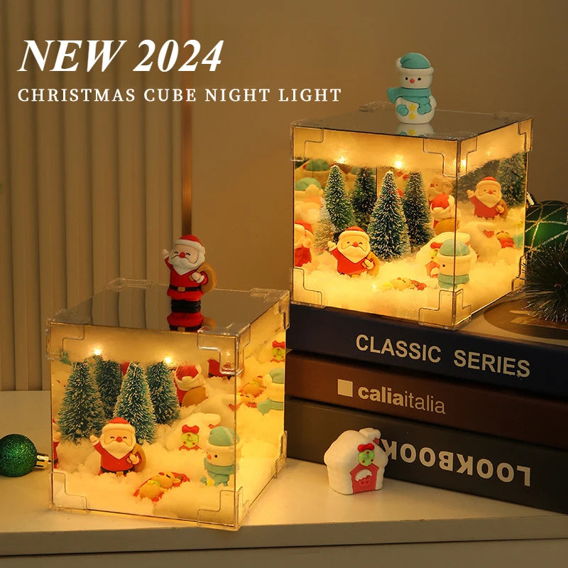 Kit de matériaux de bricolage pour décorations de Noël : miroir, lampe cube LED 3D, Père Noël, bonhomme de neige, sapin et guirlandes lumineuses.