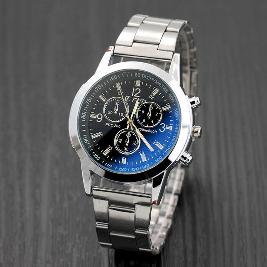 Montre à quartz pour hommes avec bracelet en verre bleu, cadeau de mode.