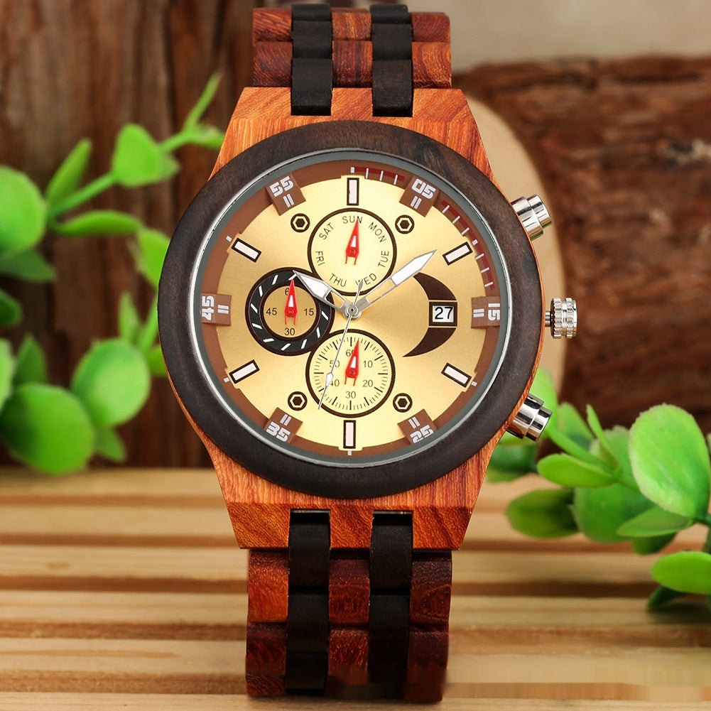 Montre à quartz avec bracelet en bois complet et fonctionnalités multiples.