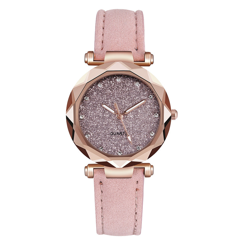 Montre-bracelet romantique pour femmes avec un ciel étoilé en cuir et des strass.