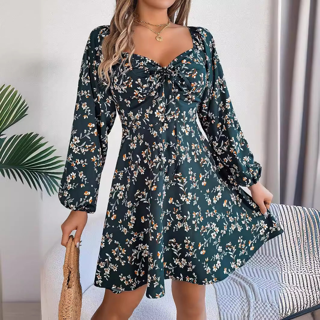 Robe à imprimé floral à manches lanternes, décontractée et sexy, à encolure carrée et manches longues pour femmes - Ivory Deals Market