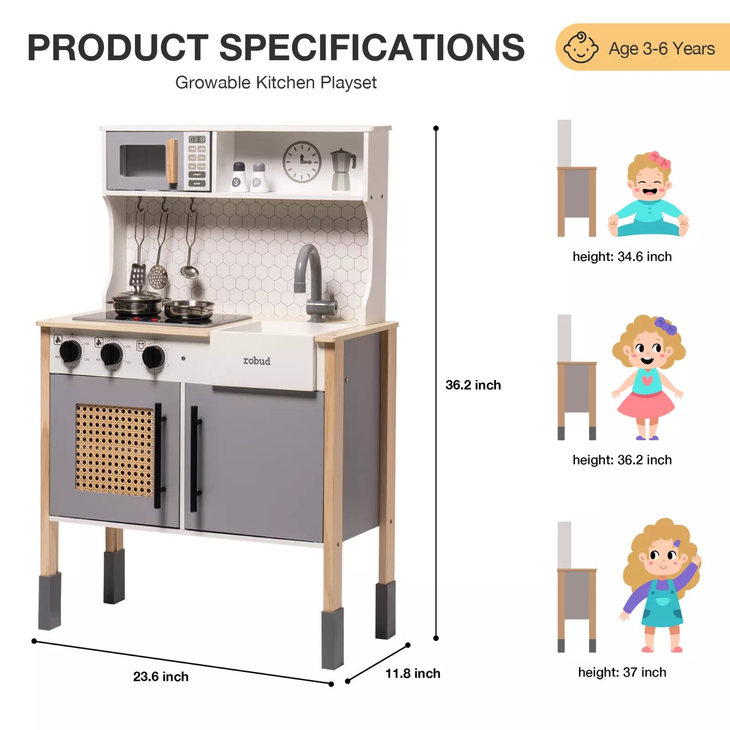 ROBOTIME DIY Pretend Play Cuisine Jeu Jouet de Cuisine Cadeau Pour Garçons Et Filles Gris