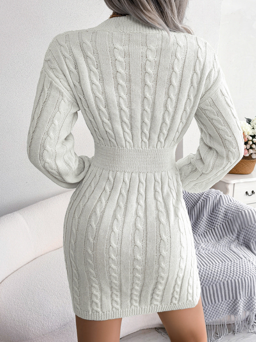 Robe en maille à manches longues à encolure en V unie, élégante et cintrée à la taille pour femmes - Ivory Deals Market