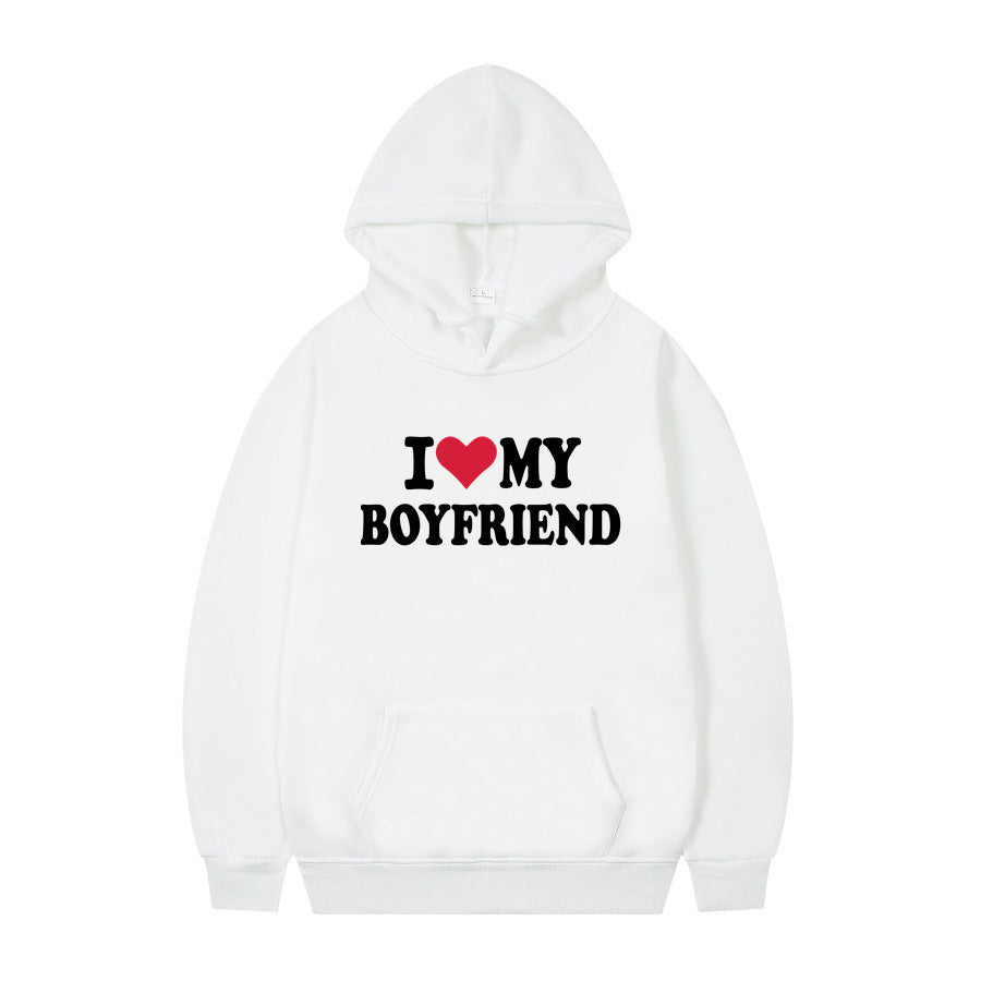 Sweat à capuche imprimé I Love My Boyfriend Pull - Ivory Deals Market