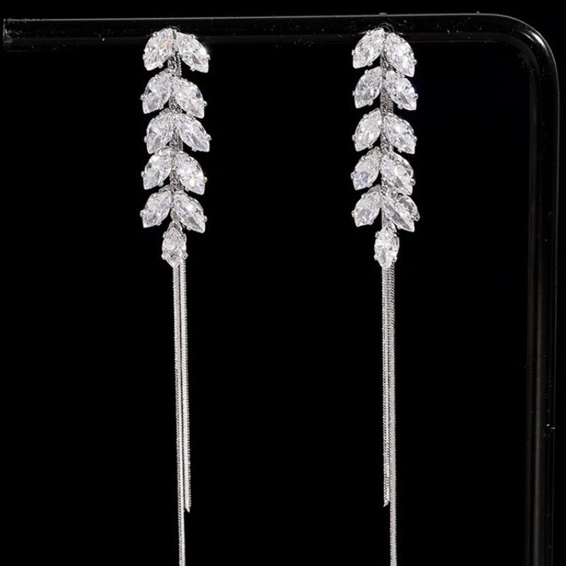 Pleine strass Zircon feuilles pompon boucles d'oreilles pendantes boucles d'oreilles longues - Ivory Deals Market