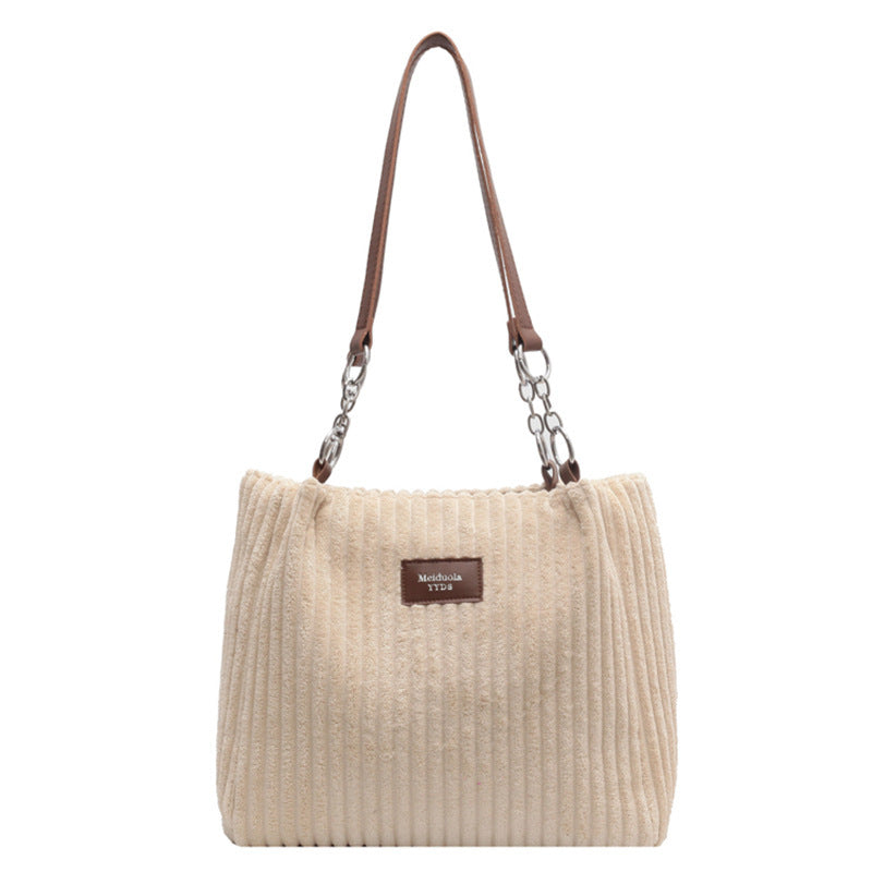 Sac à épaule rétro de grande capacité, sac fourre-tout simple et portable, en velours côtelé, solide, pour les navetteurs, avec fermeture éclair, sac à main pour femmes.