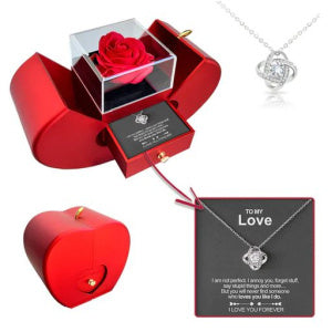 Boîte à bijoux de mode, pomme rouge, cadeau de Noël, collier, rose éternelle pour fille, Fête des Mères, cadeaux de la Saint-Valentin avec une fleur artificielle dans la boîte à bijoux.