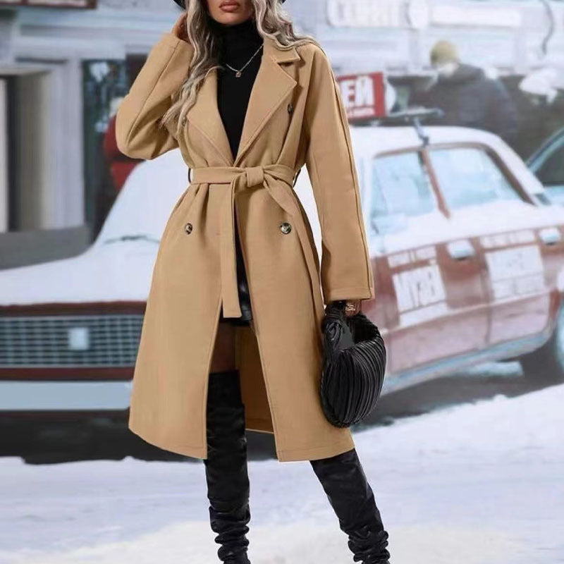 revers double boutonnage trench-coat avec ceinture mode d’hiver couleur unie veste longue vêtements d’extérieur femmes vêtements