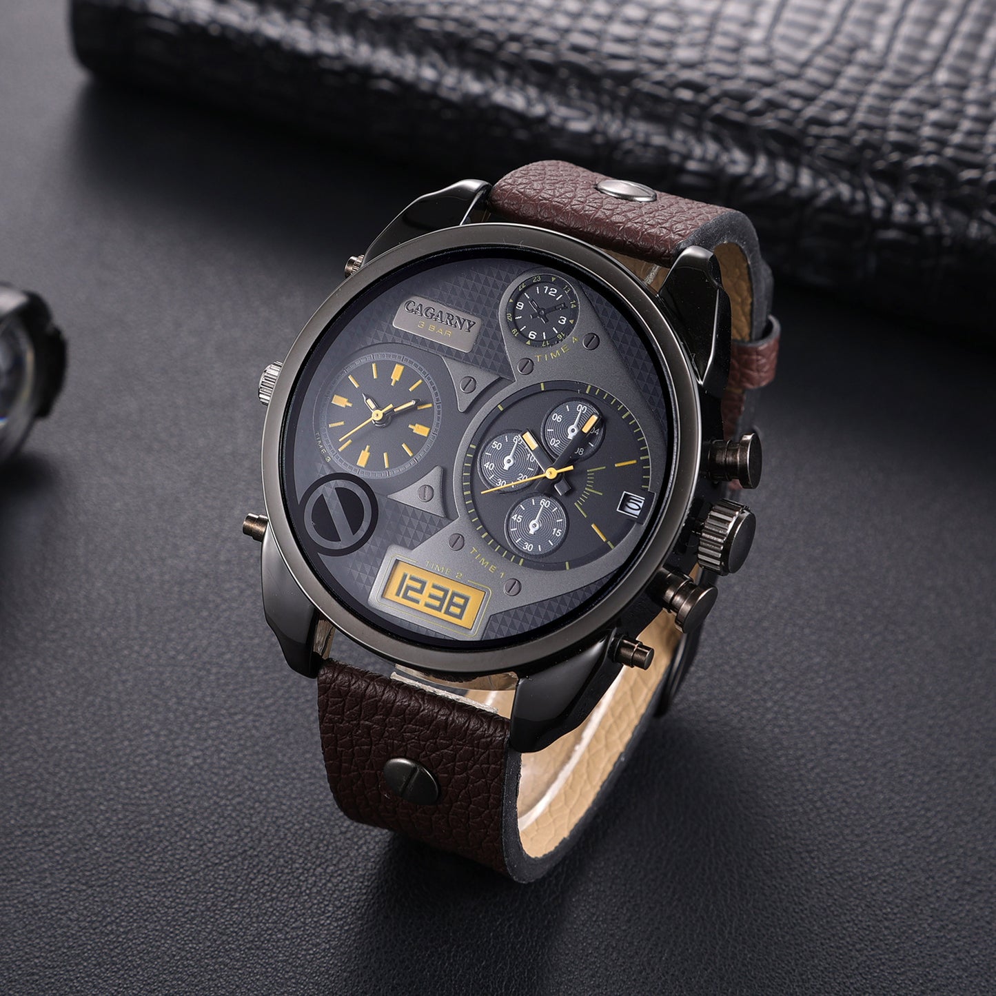 Montre à quartz pour hommes avec double cadran, style décontracté.