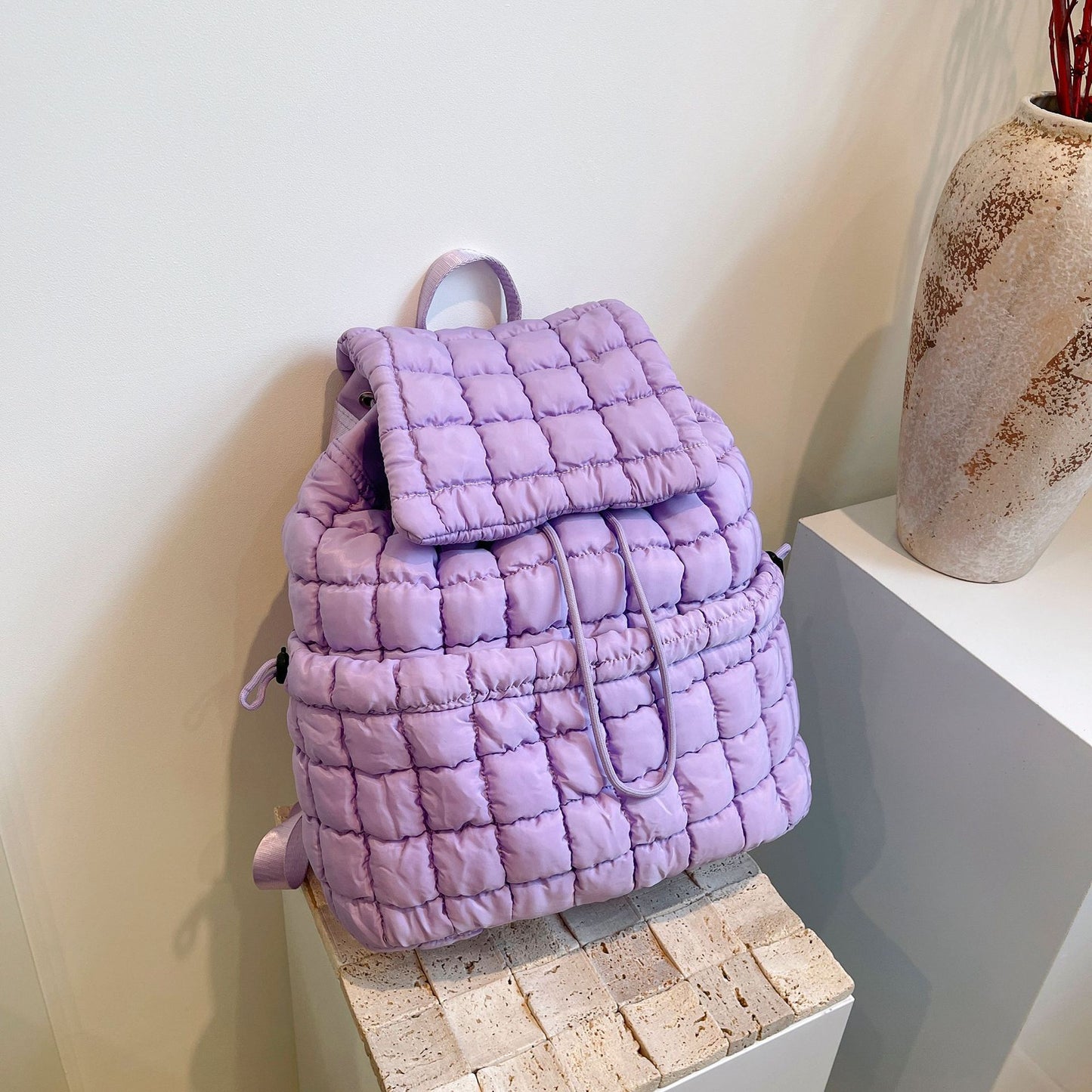 Sac à dos matelassé de couleur bonbon pour femmes, rembourré en duvet, grand sac d'école en coton, sac à dos de voyage pour femmes à carreaux, sac à bandoulière