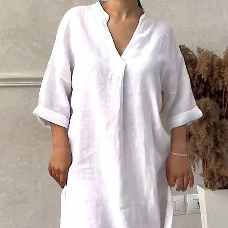 Robe ample en coton et lin pour femmes, avec encolure en V