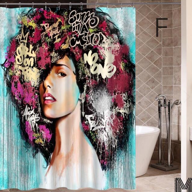 Art Design Graffiti Art Hip Hop Fille Africaine avec Noir Cheveux Grande Boucle D'oreille avec Bâtiment Moderne Rideau De Douche pour Salle De Bains décor - Ivory Deals Market