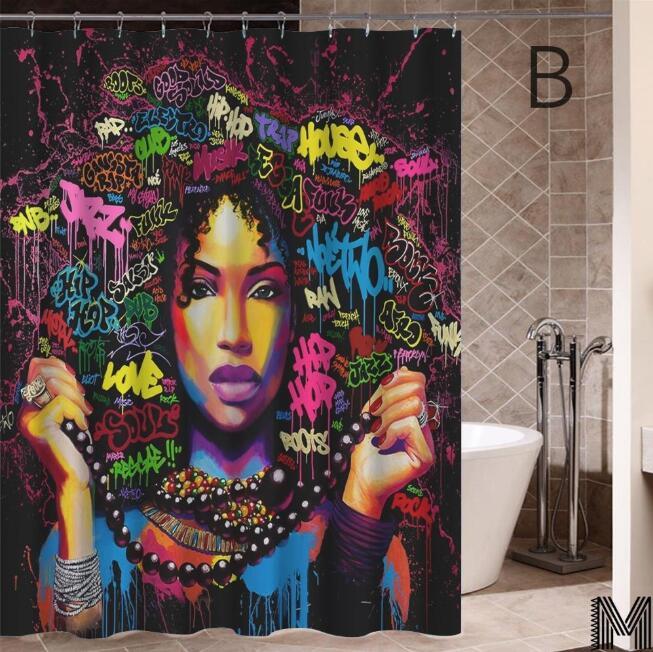 Art Design Graffiti Art Hip Hop Fille Africaine avec Noir Cheveux Grande Boucle D'oreille avec Bâtiment Moderne Rideau De Douche pour Salle De Bains décor - Ivory Deals Market