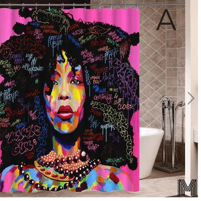 Art Design Graffiti Art Hip Hop Fille Africaine avec Noir Cheveux Grande Boucle D'oreille avec Bâtiment Moderne Rideau De Douche pour Salle De Bains décor - Ivory Deals Market